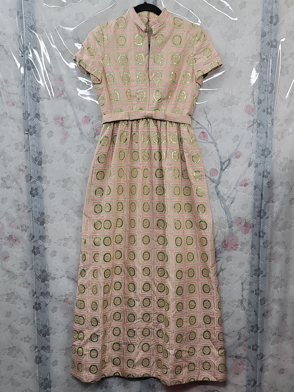Mollie Parnis Vintage 70's Pink/Green Geo Patterned Maxi Dress Size Small